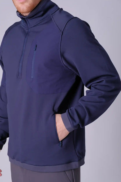SPR0014 - Stretch Thermal Fleece Mock Neck Insulated Outdoor Half Zip Pullover - Navy