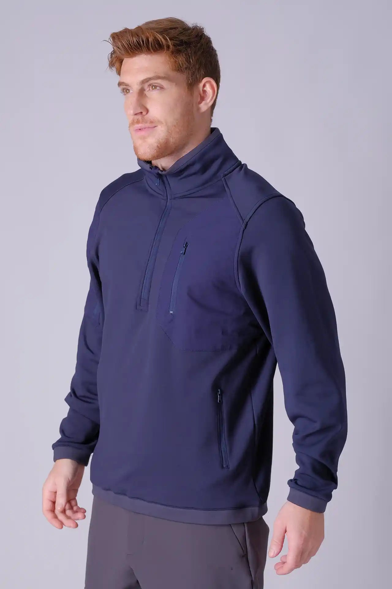 SPR0014 - Stretch Thermal Fleece Mock Neck Insulated Outdoor Half Zip Pullover - Navy
