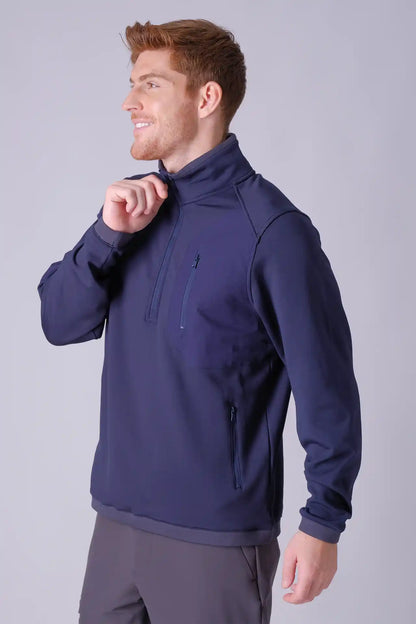 SPR0014 - Stretch Thermal Fleece Mock Neck Insulated Outdoor Half Zip Pullover - Navy